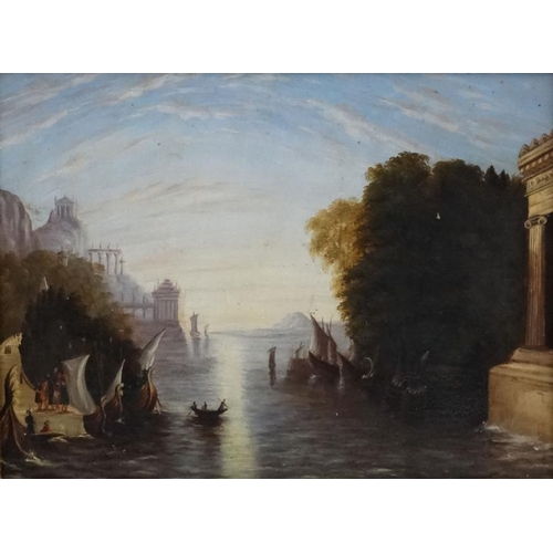 86 - After Claude Lorraine , c. 1900, Oil on board, 'Dido Building , Carthage ' Arcadian scene, Titled in... 