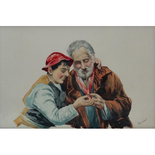 88 - Gianni Early XX Italian School, Watercolours , a pair, Reading a newspaper and lighting a pipe, Sign... 