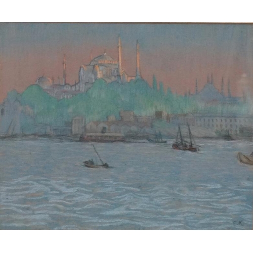 91 - ' CK * English School ,Circa 1920, Pastel and pencil, Overlooking the River Bosphorus Istanbul / Con... 