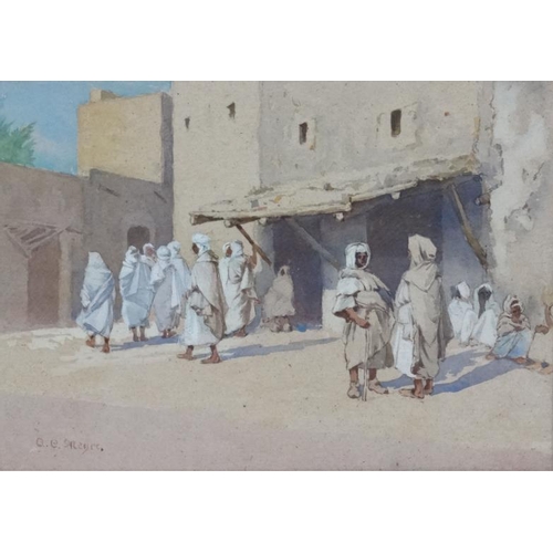 92 - Adolf C (G) Meyer (1868-1946) Arab School, Watercolour gouache, Arabs in a market square, Signed low... 