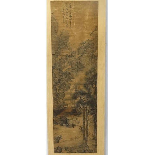 94 - XVIII Chinese School Scroll mounted behind glass Figures in Mountain temples Signed and tablet signe... 