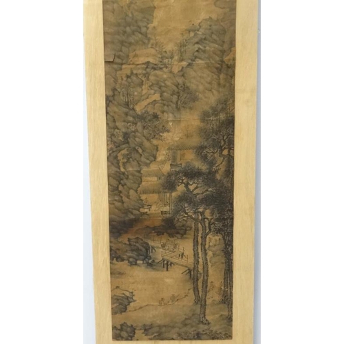 94 - XVIII Chinese School Scroll mounted behind glass Figures in Mountain temples Signed and tablet signe... 