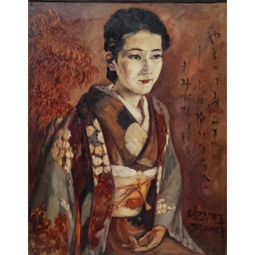 96 - E Brunner 1936 Japan, Oil on  canvas, Portrait of a ' Japanese Lady Actress ', Signed in anglicized ... 