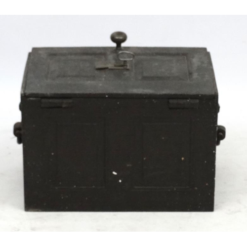 1093 - A Victorian cast iron strong box with handles , panelled sides and key. 17 5/8'' long x 12'' deep x ... 