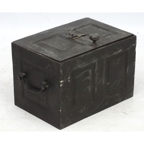 1093 - A Victorian cast iron strong box with handles , panelled sides and key. 17 5/8'' long x 12'' deep x ... 