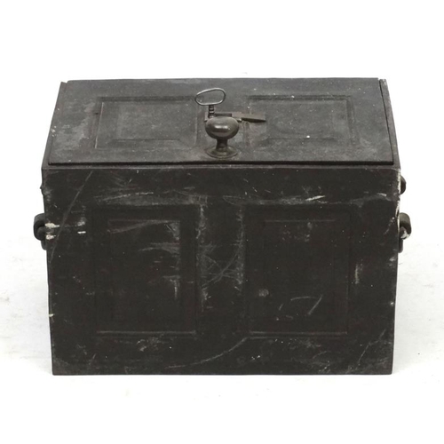 1093 - A Victorian cast iron strong box with handles , panelled sides and key. 17 5/8'' long x 12'' deep x ... 