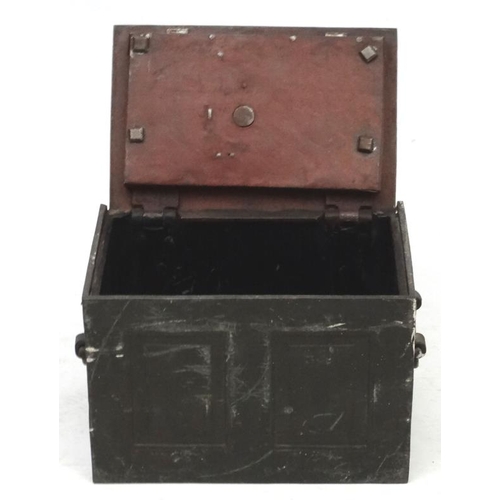 1093 - A Victorian cast iron strong box with handles , panelled sides and key. 17 5/8'' long x 12'' deep x ... 