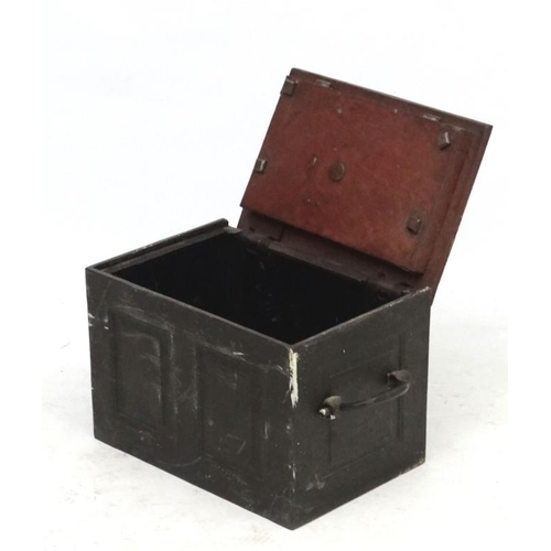 1093 - A Victorian cast iron strong box with handles , panelled sides and key. 17 5/8'' long x 12'' deep x ... 