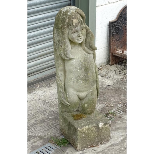 1102 - A mid 20 thC carved stone figure of a girl with long hair on squared base , standing 38'' high  Plea... 