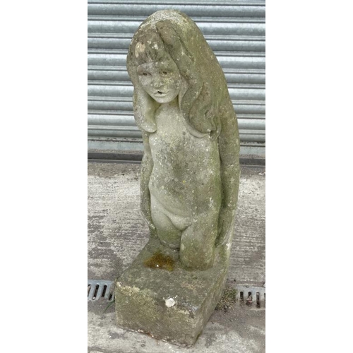 1102 - A mid 20 thC carved stone figure of a girl with long hair on squared base , standing 38'' high  Plea... 