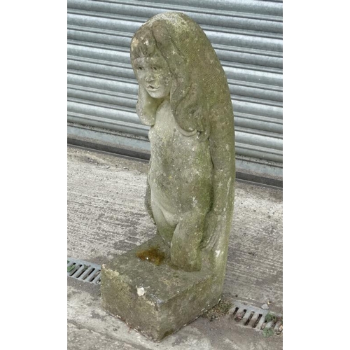 1102 - A mid 20 thC carved stone figure of a girl with long hair on squared base , standing 38'' high  Plea... 