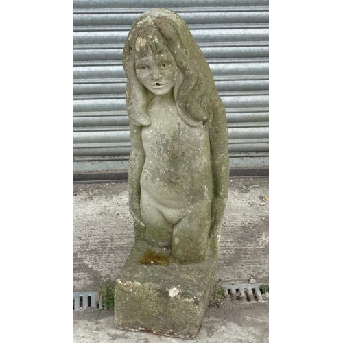 1102 - A mid 20 thC carved stone figure of a girl with long hair on squared base , standing 38'' high  Plea... 