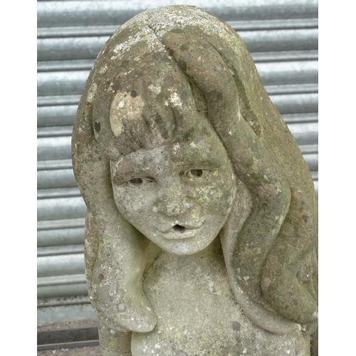 1102 - A mid 20 thC carved stone figure of a girl with long hair on squared base , standing 38'' high  Plea... 