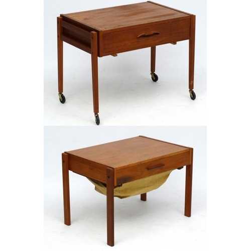 115 - Vintage Retro : A near pair  of Danish teak bedside cabinets / trolleys with frieze drawers , approx... 