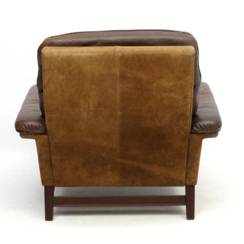 119A - Vintage Retro : a Danish brown leather ( and small amount of brown suede ) lounge armchair standing ... 