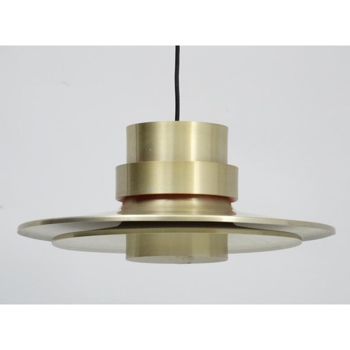 121 - Vintage Retro : A Danish pendant light by LB, no ' 40.761 ' with white livery under , brushed bronze... 