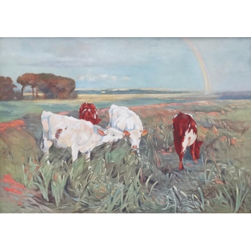 17 - Early- mid XX English School, Mixed media on canvas laid on board, Young cattle in an extensive East... 