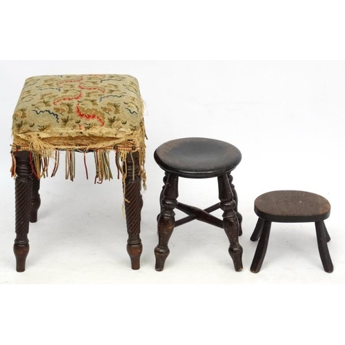 205 - 3 stools, Regency Victorian etc : the earliest with four rope twist legs and measuring 19'' high x 1... 