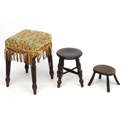 205 - 3 stools, Regency Victorian etc : the earliest with four rope twist legs and measuring 19'' high x 1... 