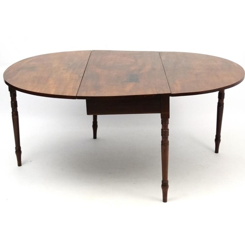 213 - An early 20thC Geo IV mahogany D-ended drop flap table with 4 legs approx 45 1/2'' wide extending to... 