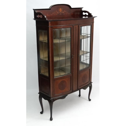 225 - A c.1900 inlaid mahogany glazed bow fronted display case 42'' wide x 70 1/2'' high x 16'' deep  Plea... 