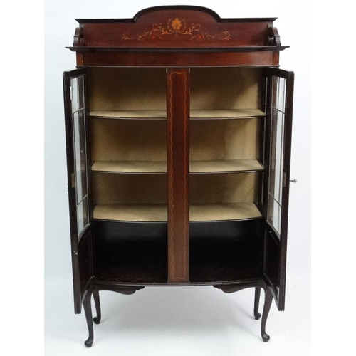 225 - A c.1900 inlaid mahogany glazed bow fronted display case 42'' wide x 70 1/2'' high x 16'' deep  Plea... 