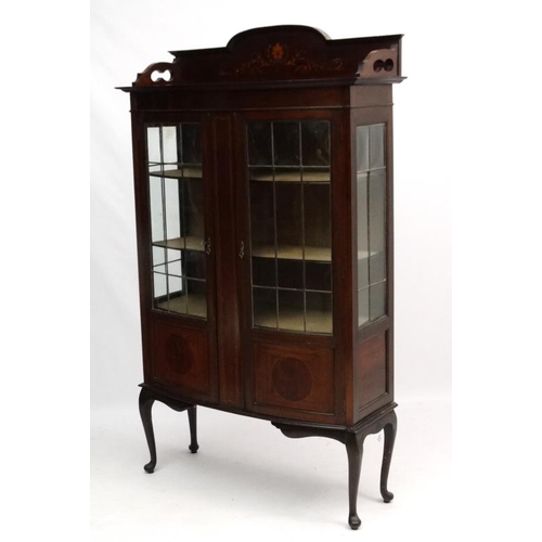 225 - A c.1900 inlaid mahogany glazed bow fronted display case 42'' wide x 70 1/2'' high x 16'' deep  Plea... 