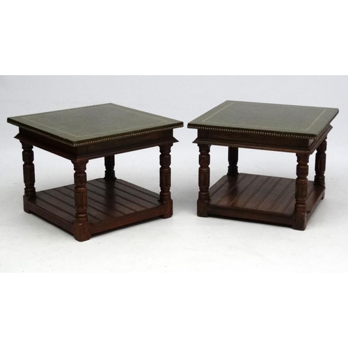 241 - A pair of late 20thC gold tooled green leather topped lamp tables with under tier shelf. 24'' square... 