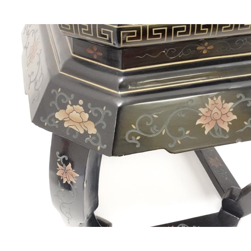 243 - A mid - late 20thC Chinese decorated black lacquer side table 19'' high x approx 16'' square  Please... 