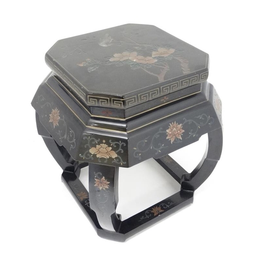 243 - A mid - late 20thC Chinese decorated black lacquer side table 19'' high x approx 16'' square  Please... 