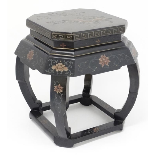 243 - A mid - late 20thC Chinese decorated black lacquer side table 19'' high x approx 16'' square  Please... 