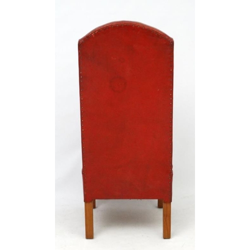 258 - An early - mid 20thC red leather and pine high back sprung seated chair 43 1/2'' high  Please Note -... 