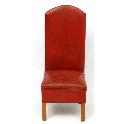 258 - An early - mid 20thC red leather and pine high back sprung seated chair 43 1/2'' high  Please Note -... 