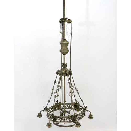 276 - A late 19thC / early 20thC  nickle plated brass 6- branch electrolier / ceiling light  with central ... 