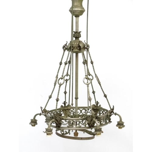 276 - A late 19thC / early 20thC  nickle plated brass 6- branch electrolier / ceiling light  with central ... 