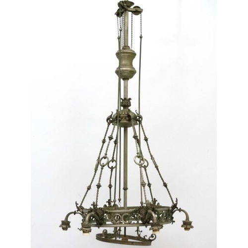 276 - A late 19thC / early 20thC  nickle plated brass 6- branch electrolier / ceiling light  with central ... 