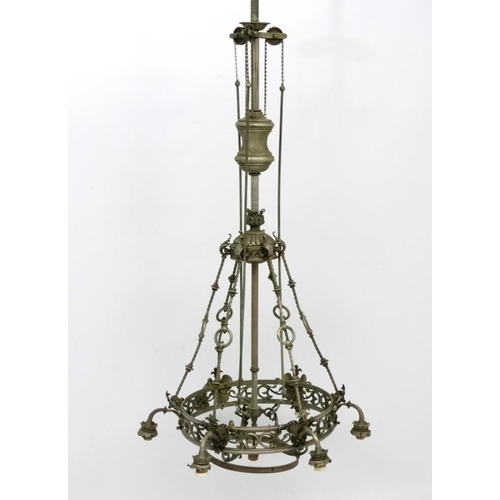 276 - A late 19thC / early 20thC  nickle plated brass 6- branch electrolier / ceiling light  with central ... 