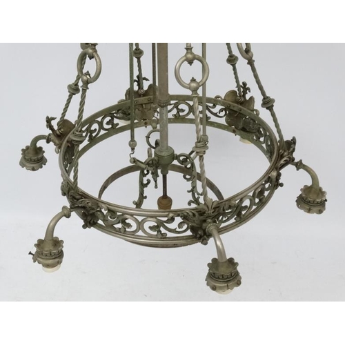 276 - A late 19thC / early 20thC  nickle plated brass 6- branch electrolier / ceiling light  with central ... 