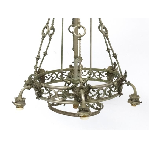 276 - A late 19thC / early 20thC  nickle plated brass 6- branch electrolier / ceiling light  with central ... 