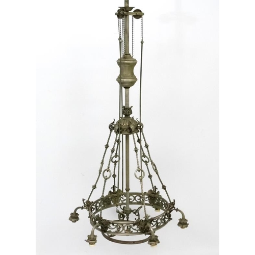 276 - A late 19thC / early 20thC  nickle plated brass 6- branch electrolier / ceiling light  with central ... 