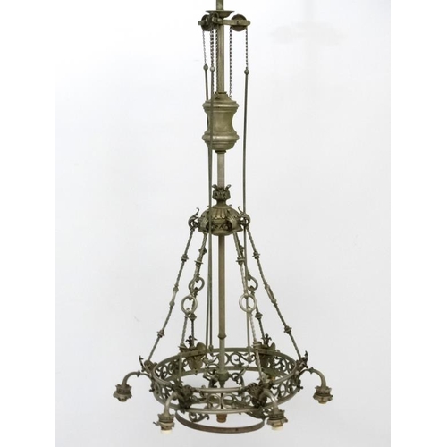 276 - A late 19thC / early 20thC  nickle plated brass 6- branch electrolier / ceiling light  with central ... 