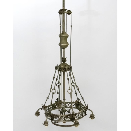 276 - A late 19thC / early 20thC  nickle plated brass 6- branch electrolier / ceiling light  with central ... 