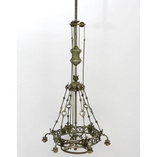 276 - A late 19thC / early 20thC  nickle plated brass 6- branch electrolier / ceiling light  with central ... 