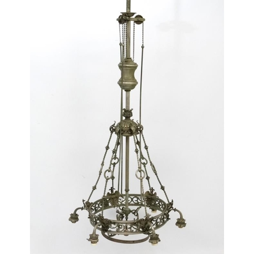 276 - A late 19thC / early 20thC  nickle plated brass 6- branch electrolier / ceiling light  with central ... 