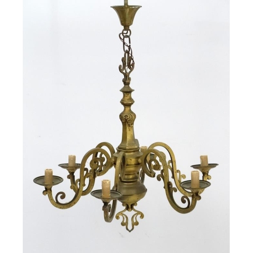 277 - An early 20thC brass squared 6-branch pendant electrolier. 23'' high x 25'' wide  Please Note -  we ... 