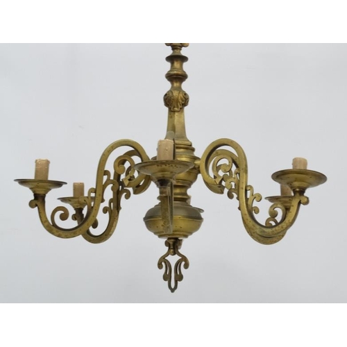 277 - An early 20thC brass squared 6-branch pendant electrolier. 23'' high x 25'' wide  Please Note -  we ... 