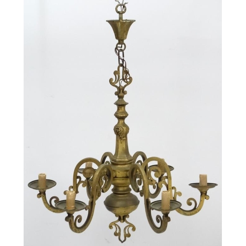 277 - An early 20thC brass squared 6-branch pendant electrolier. 23'' high x 25'' wide  Please Note -  we ... 