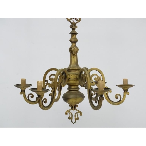 277 - An early 20thC brass squared 6-branch pendant electrolier. 23'' high x 25'' wide  Please Note -  we ... 