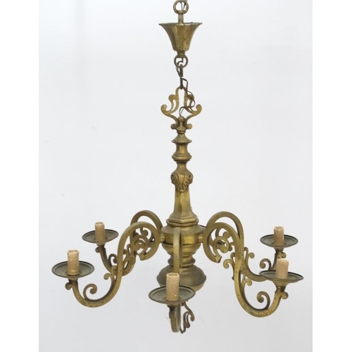 277 - An early 20thC brass squared 6-branch pendant electrolier. 23'' high x 25'' wide  Please Note -  we ... 