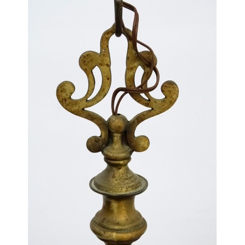 277 - An early 20thC brass squared 6-branch pendant electrolier. 23'' high x 25'' wide  Please Note -  we ... 